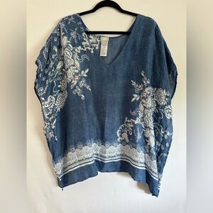 Chicos Womens Blouse Blue White Floral Cap Sleeve V Neck Boxy Lightweight